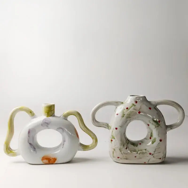 Abstract handle ceramic vase set green & red living room decor