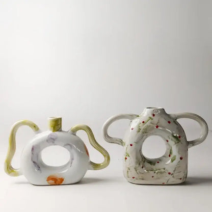 Abstract handle ceramic vase set green & red living room decor