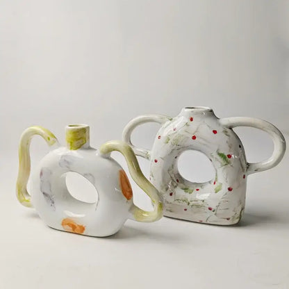 Abstract handle ceramic vase set green & red living room decor
