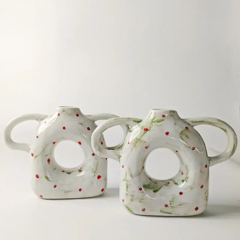 Abstract handle ceramic vase set green & red living room decor
