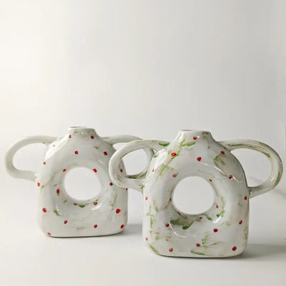 Abstract handle ceramic vase set green & red living room decor