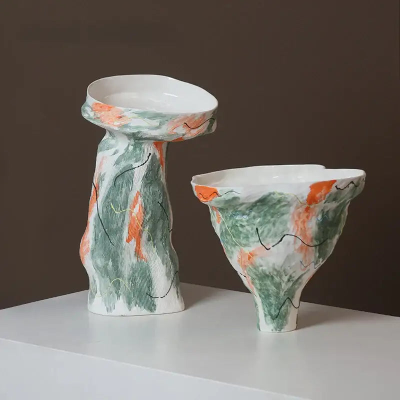 Abstract irregular pattern green & orange ceramic vases living room