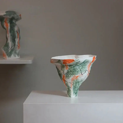 Abstract irregular pattern green & orange ceramic vases living room