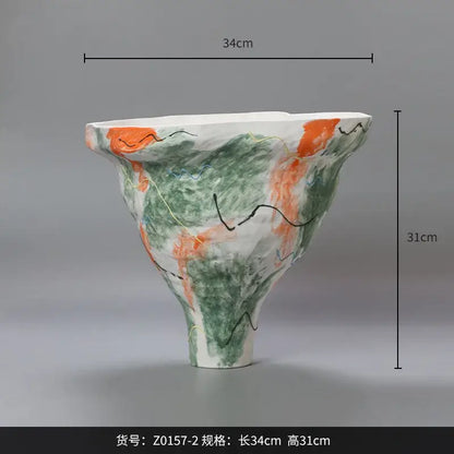 Abstract irregular pattern green & orange ceramic vases living room