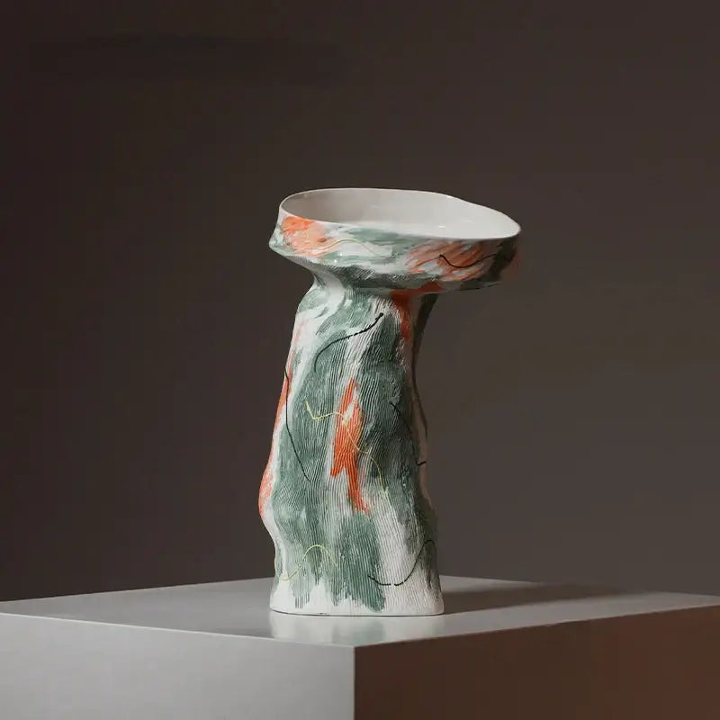 Abstract irregular pattern green & orange ceramic vases living room