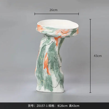Abstract irregular pattern green & orange ceramic vases living room