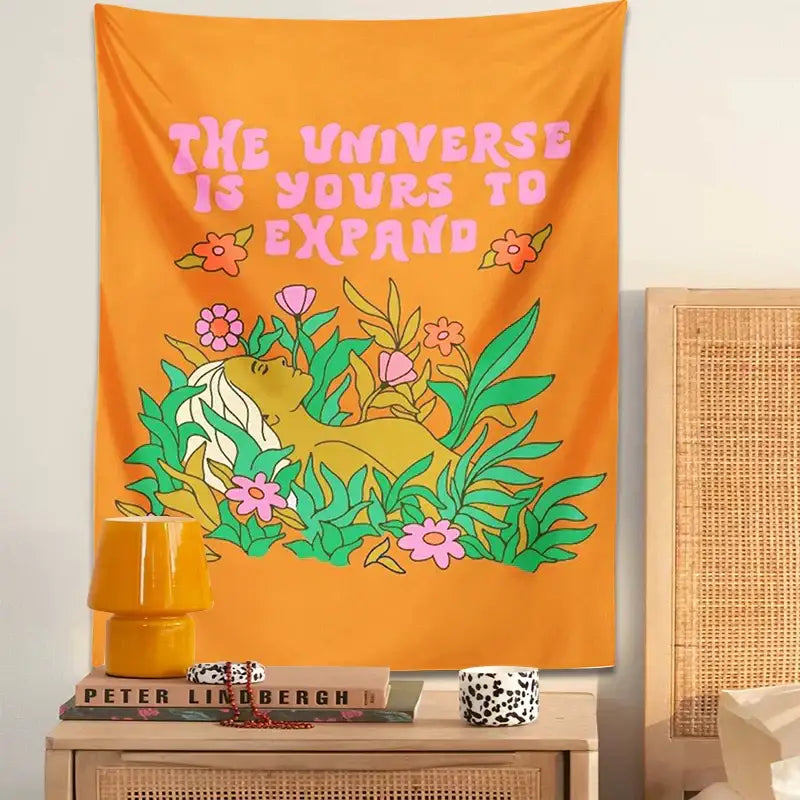 Abstract landscape flower tapestry orange bedroom wall hanging