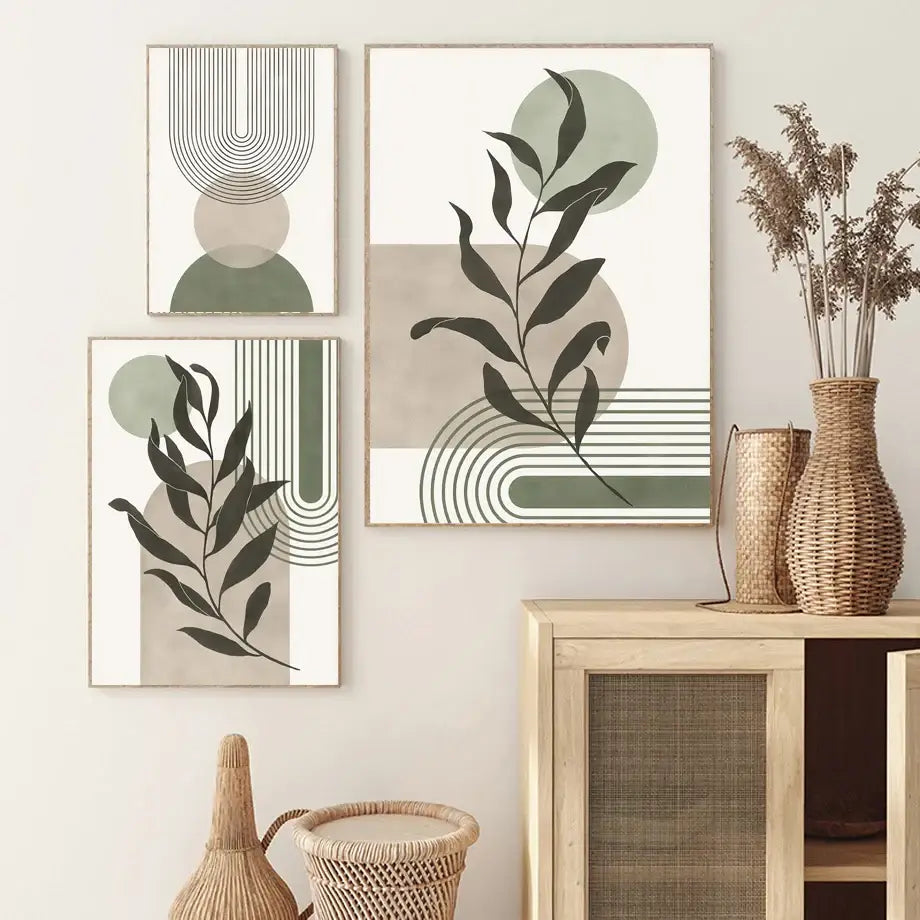 Vintage boho abstract geometric leaf canvas wall art living room
