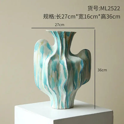 Abstract mint & olive ceramic vase with irregular folds living room