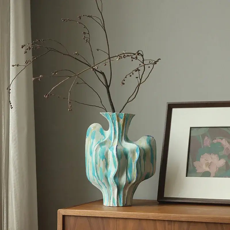 Abstract mint & olive ceramic vase with irregular folds living room