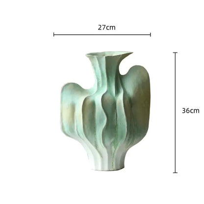 Abstract mint & olive ceramic vase with irregular folds living room