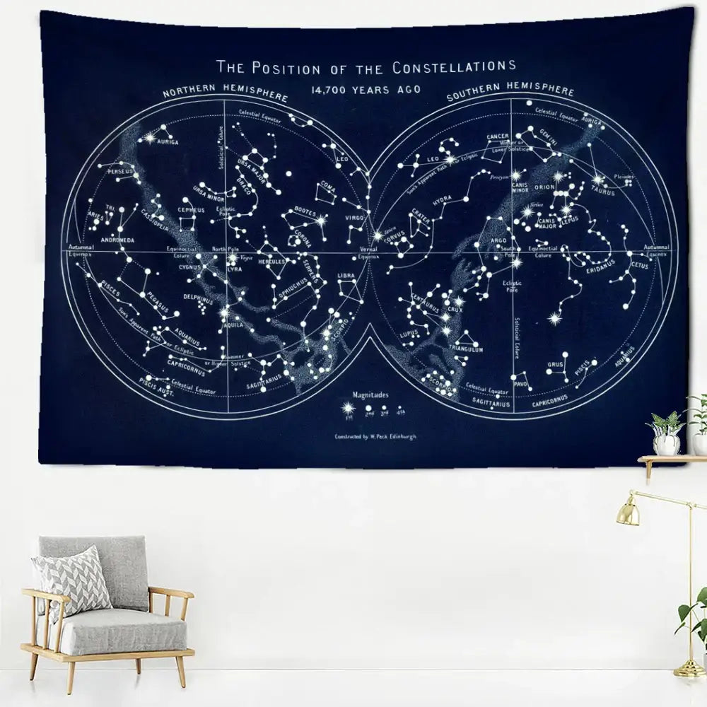 Abstract navy blue cosmic constellation compass tapestry bedroom decor
