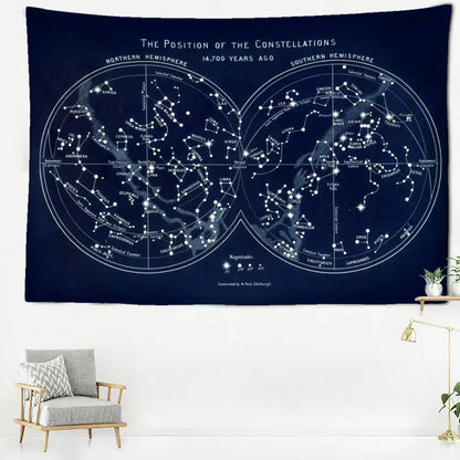 Abstract navy blue cosmic constellation compass tapestry bedroom decor