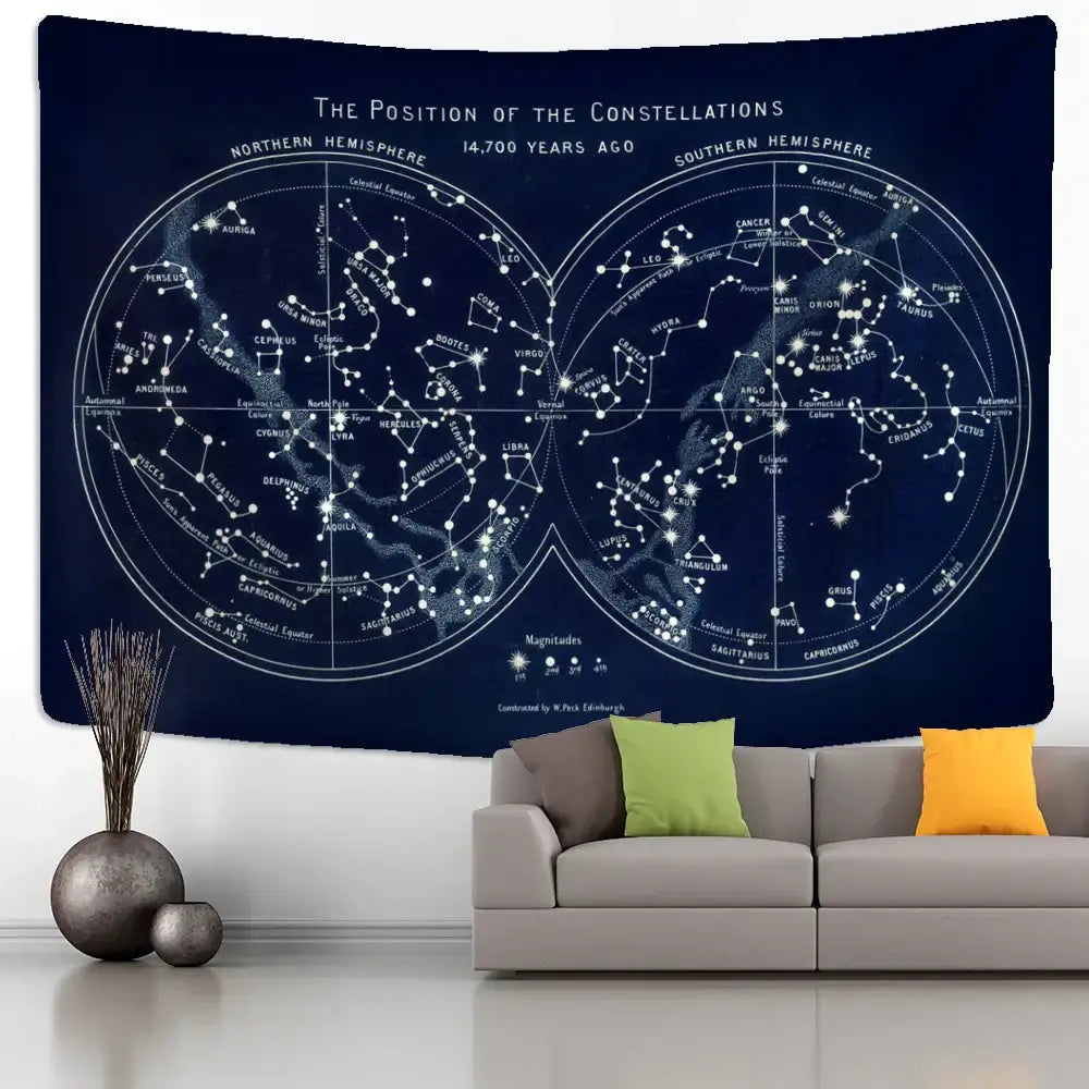 Abstract navy blue cosmic constellation compass tapestry bedroom decor