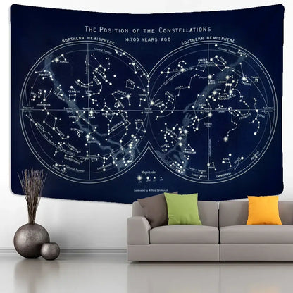 Abstract navy blue cosmic constellation compass tapestry bedroom decor