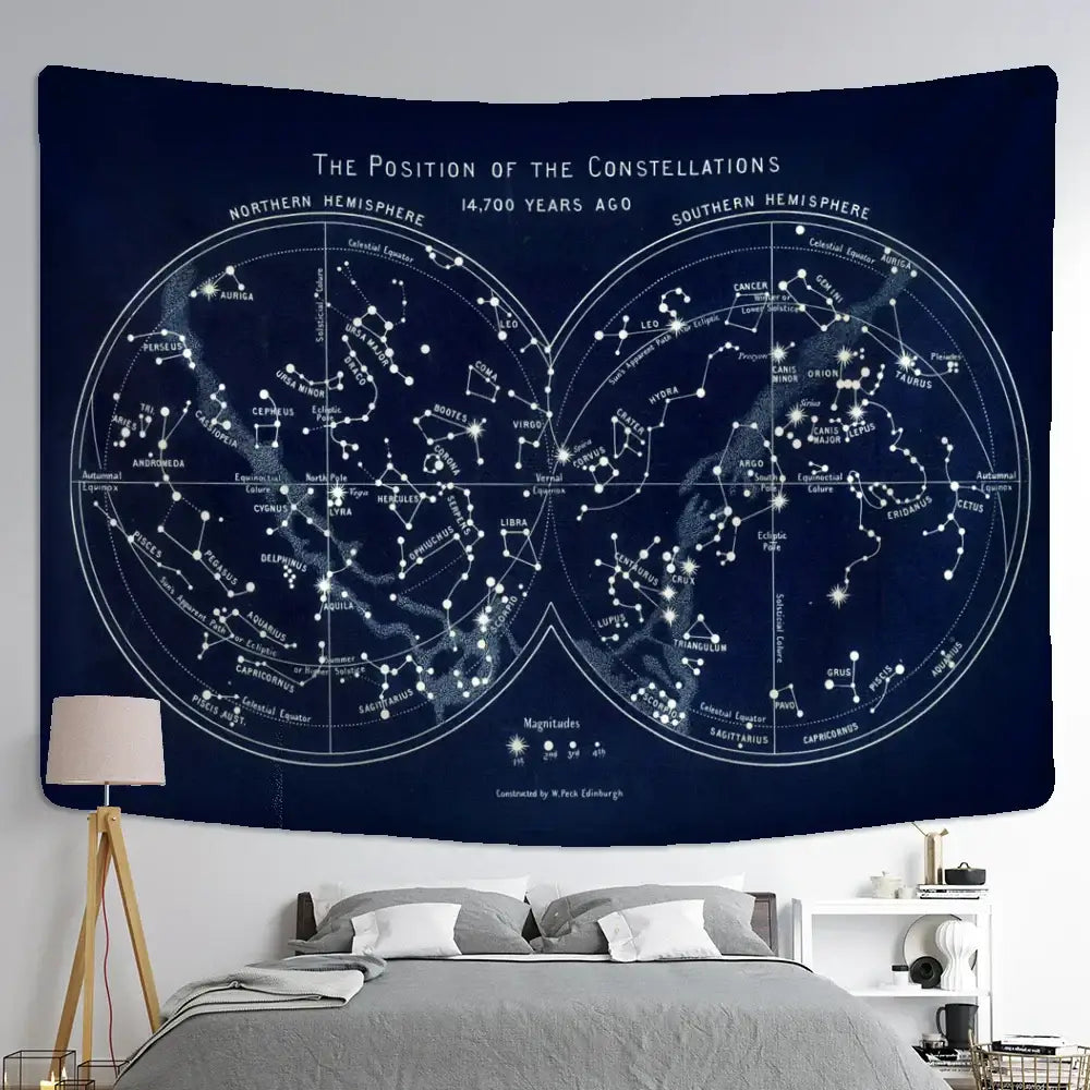 Abstract navy blue cosmic constellation compass tapestry bedroom decor