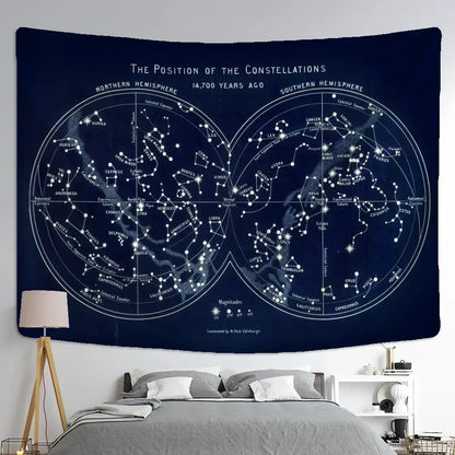 Abstract navy blue cosmic constellation compass tapestry bedroom decor