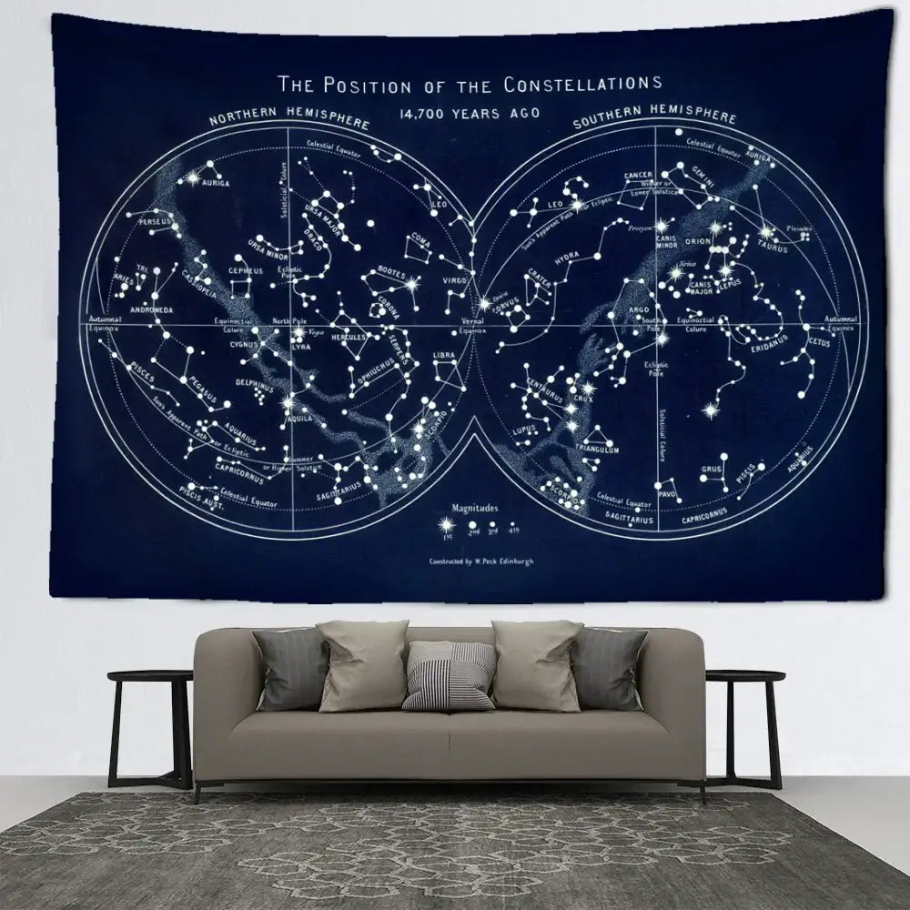 Abstract navy blue cosmic constellation compass tapestry bedroom decor
