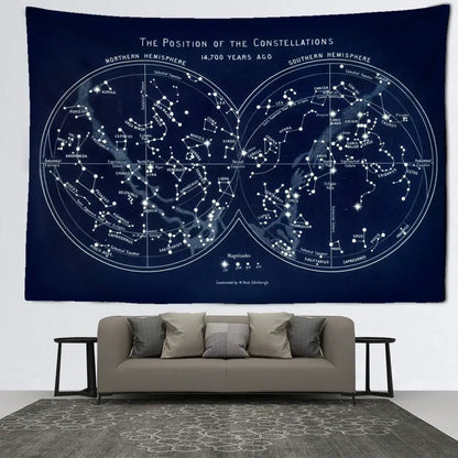 Abstract navy blue cosmic constellation compass tapestry bedroom decor