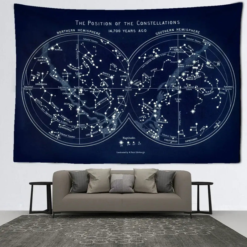 Abstract navy blue cosmic constellation compass tapestry bedroom decor