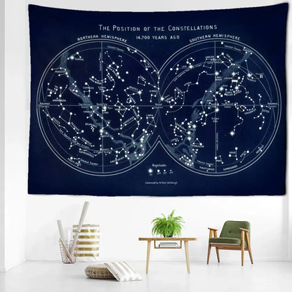 Abstract navy blue cosmic constellation compass tapestry bedroom decor
