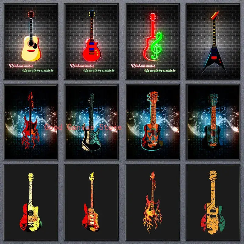Abstract neon electric guitar canvas print living room wall art