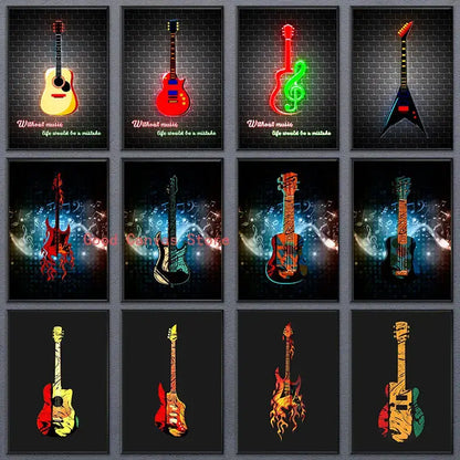 Abstract neon electric guitar canvas print living room wall art