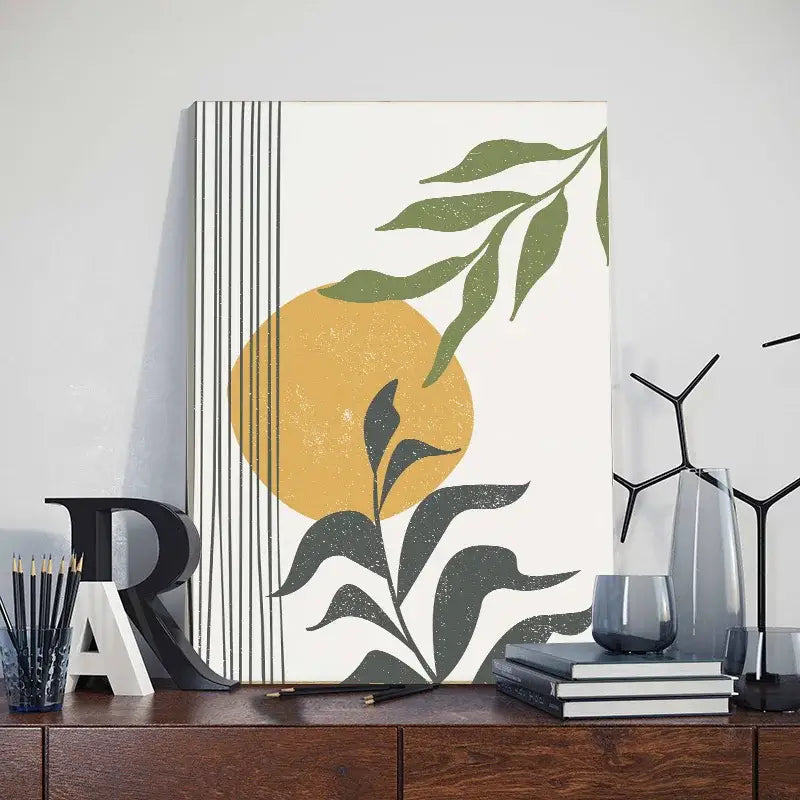 Modern abstract orange leaf posters set living room wall art