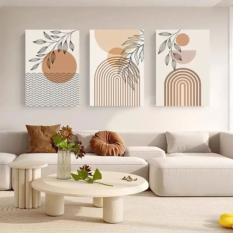 Modern abstract orange leaf posters set living room wall art