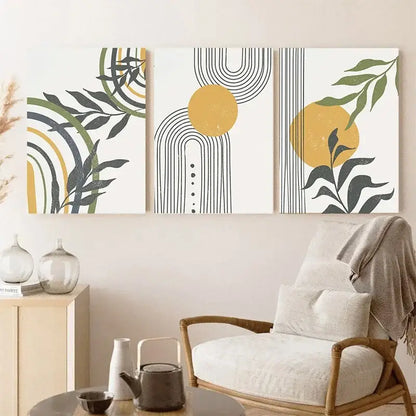 Modern abstract orange leaf posters set living room wall art