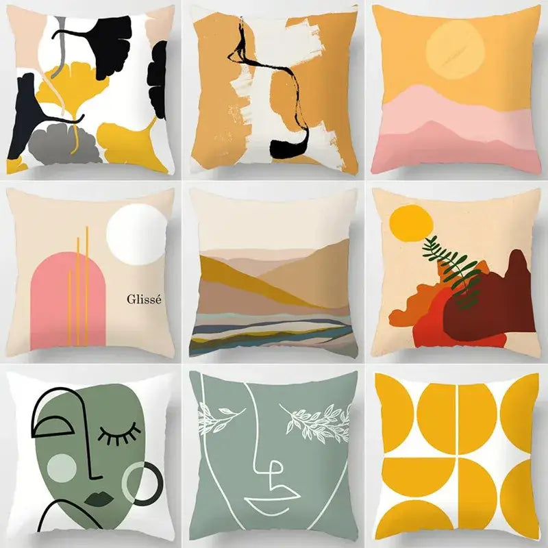 Abstract pastel and geometric leaves print cushion cover living room