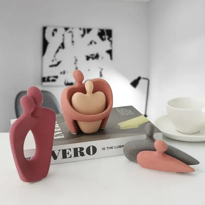 Abstract pink & beige ceramic art couple statue living room decor