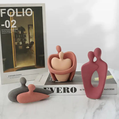 Abstract pink & beige ceramic art couple statue living room decor