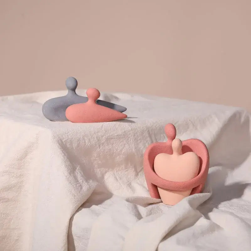Abstract pink & beige ceramic art couple statue living room decor