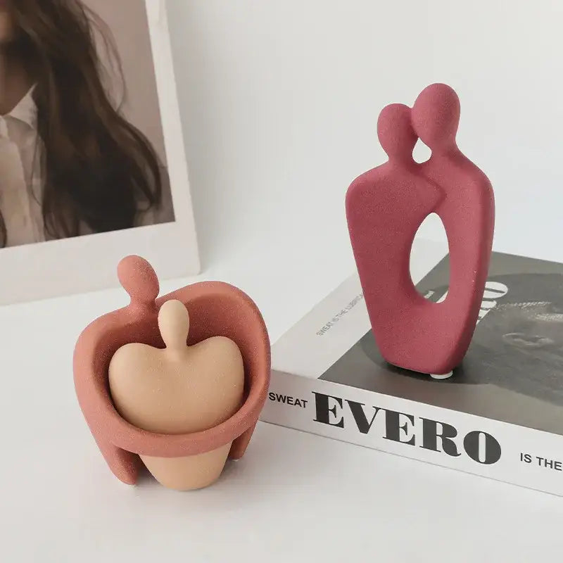 Abstract pink & beige ceramic art couple statue living room decor