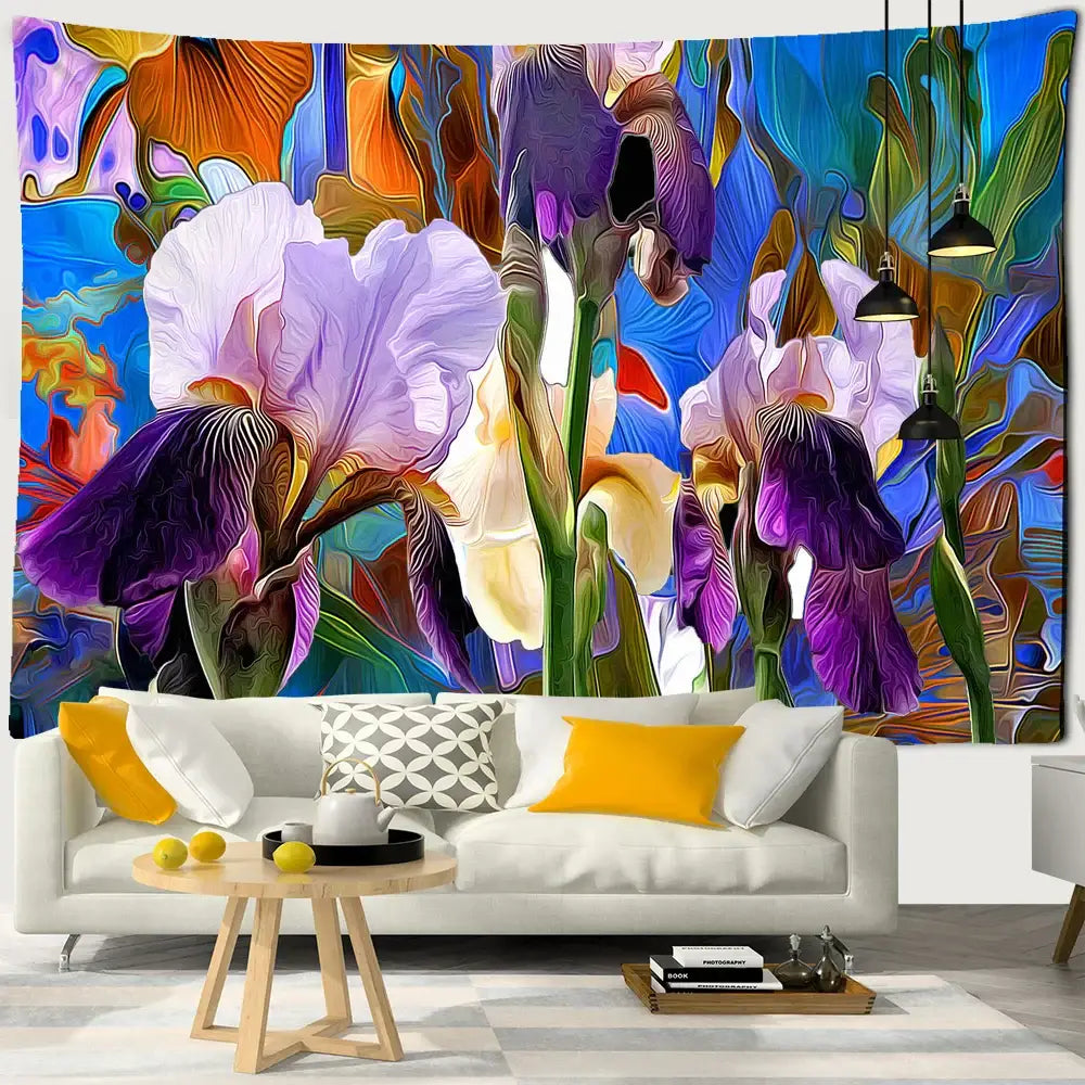 Abstract purple and blue iris mandala 3d tapestry living room decor