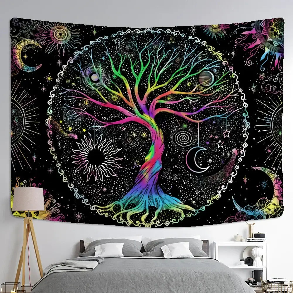 Abstract rainbow tree of life tapestry wall hanging living room art