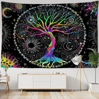 Abstract rainbow tree of life tapestry wall hanging living room art