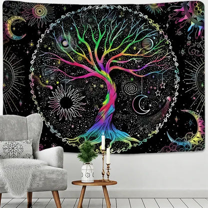 Abstract rainbow tree of life tapestry wall hanging living room art