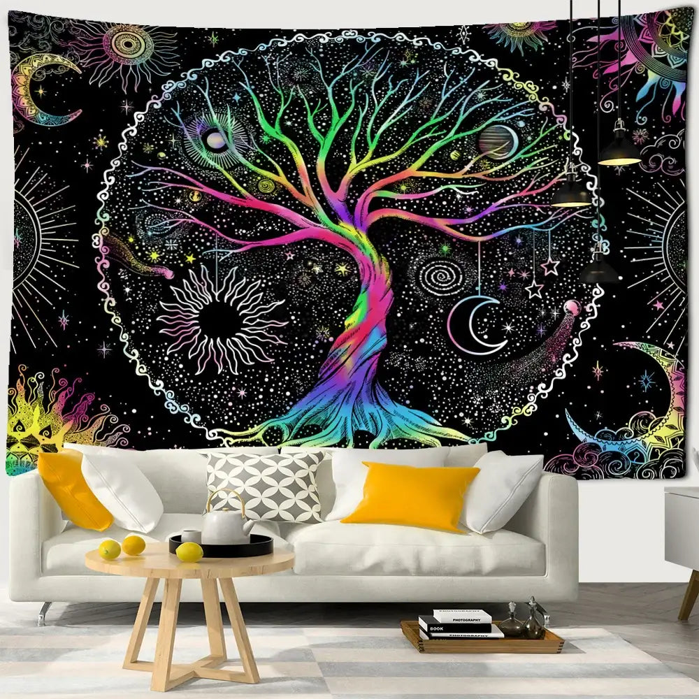 Abstract rainbow tree of life tapestry wall hanging living room art