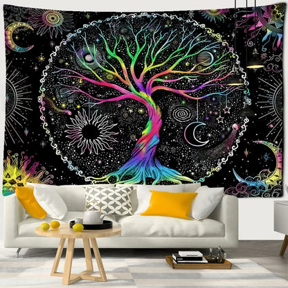 Abstract rainbow tree of life tapestry wall hanging living room art