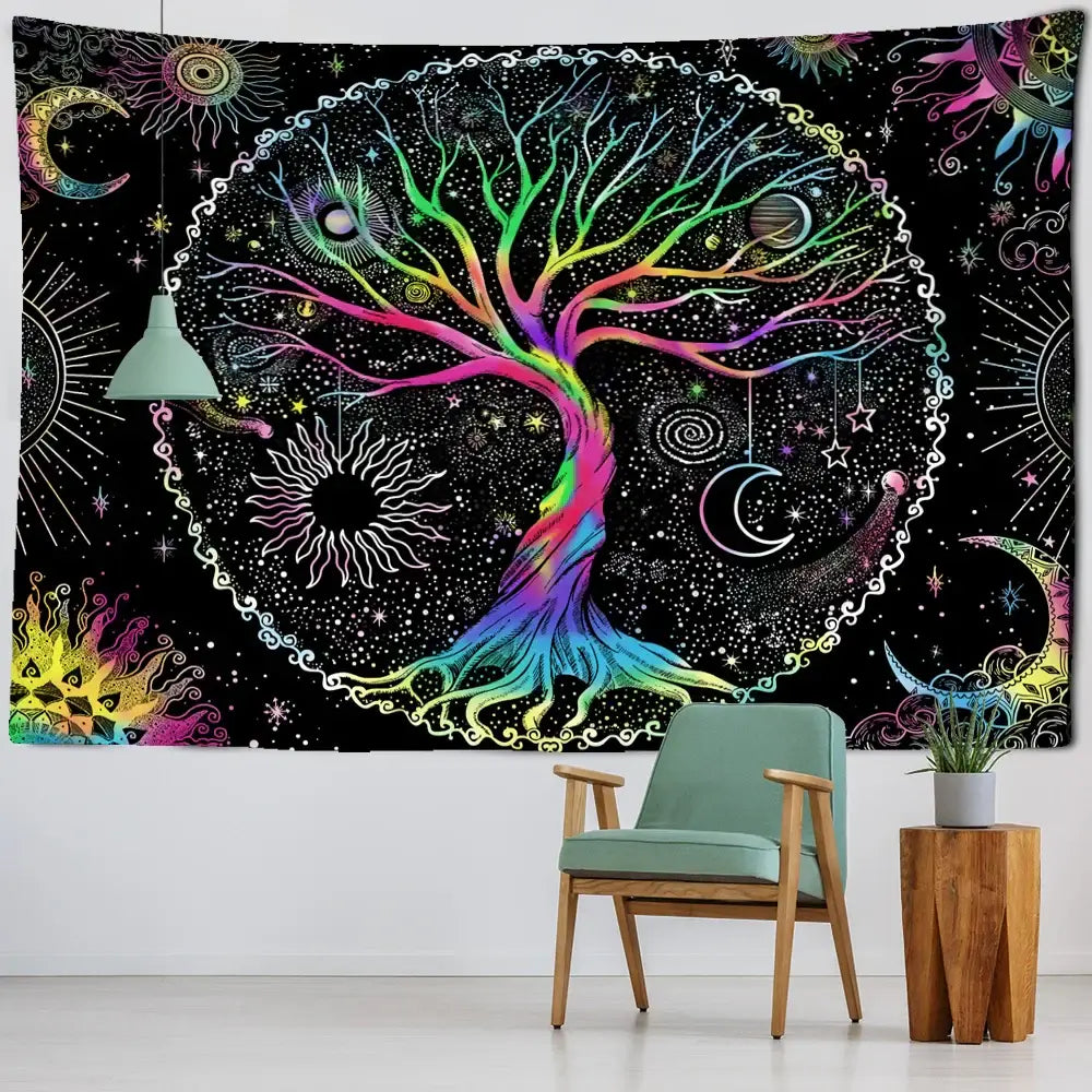 Abstract rainbow tree of life tapestry wall hanging living room art
