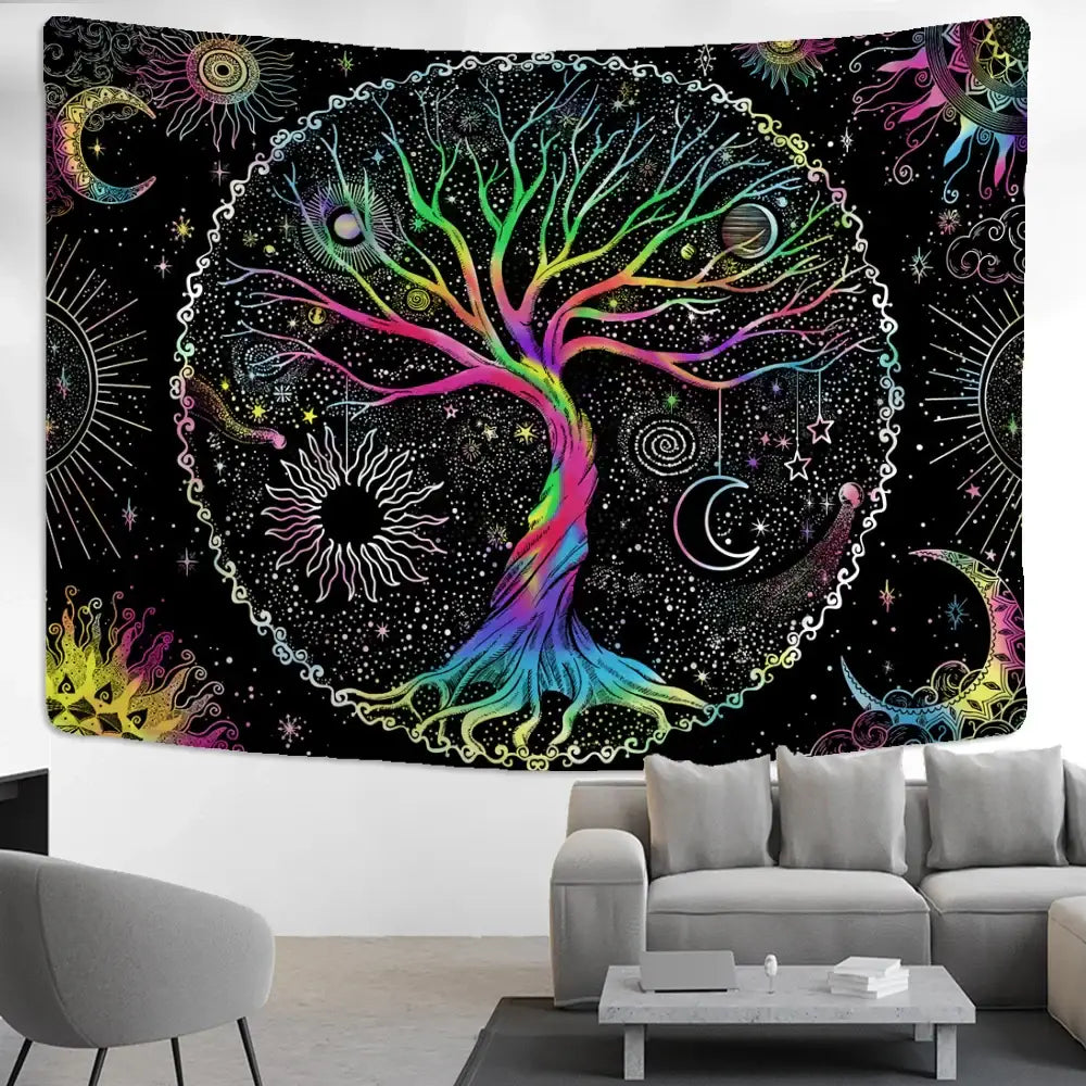 Abstract rainbow tree of life tapestry wall hanging living room art