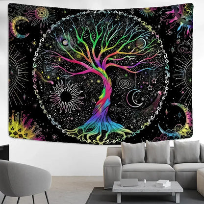 Abstract rainbow tree of life tapestry wall hanging living room art