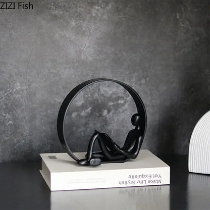 Abstract resin characters black glossy reading figurine living room decor