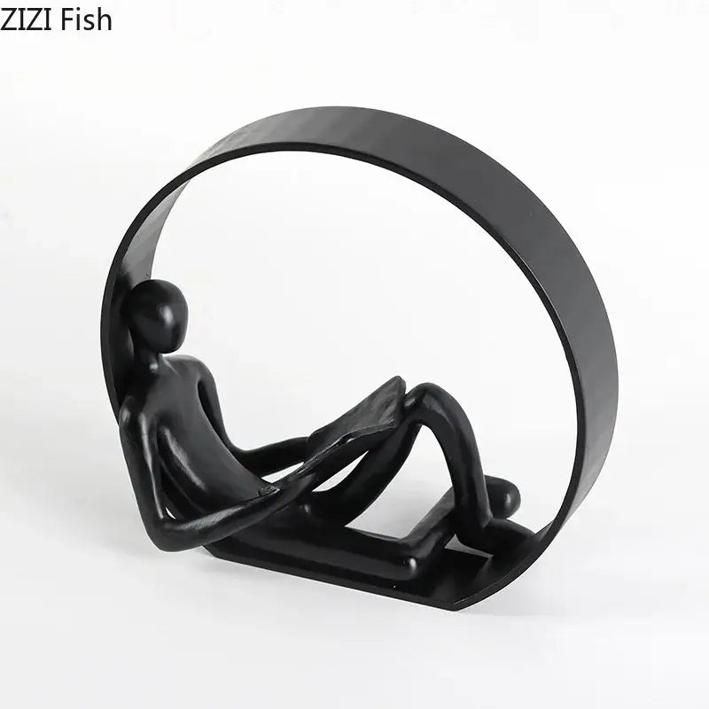 Abstract resin characters black glossy reading figurine living room decor