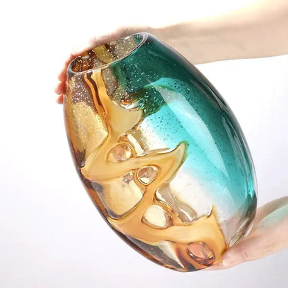 Abstract ripple amber & teal glass vase living room decor