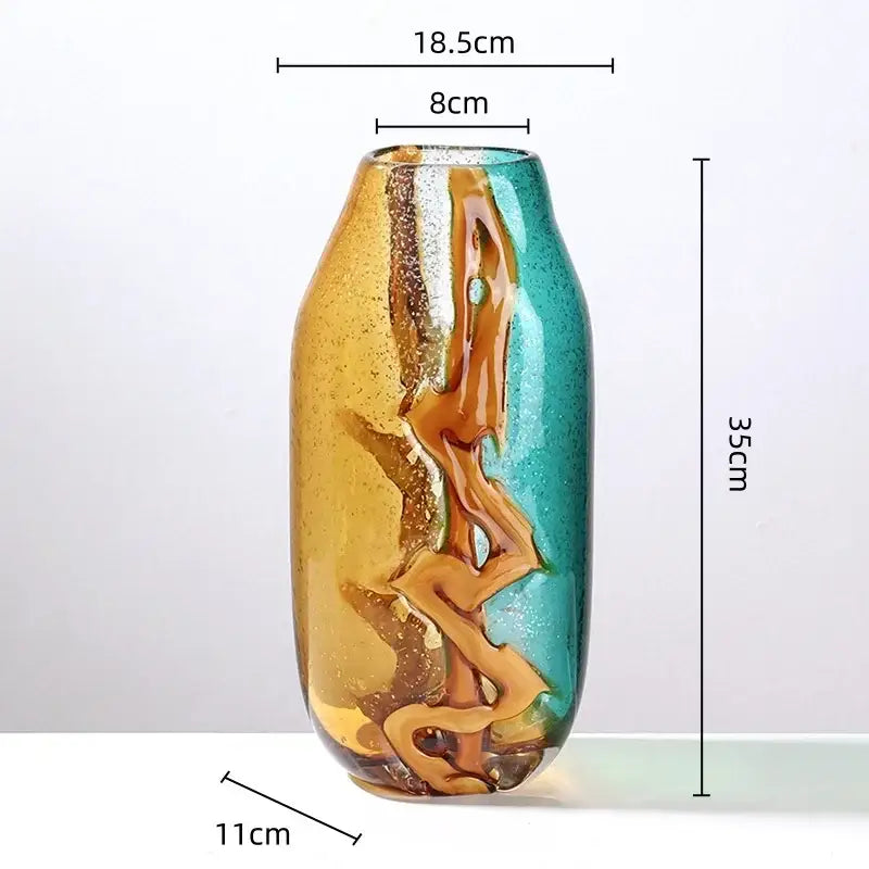 Abstract ripple amber & teal glass vase living room decor