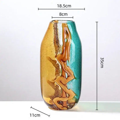 Abstract ripple amber & teal glass vase living room decor