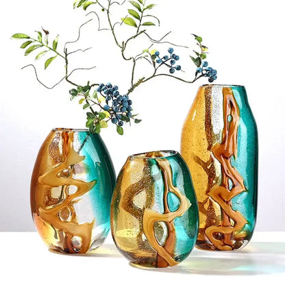 Abstract ripple amber & teal glass vase living room decor